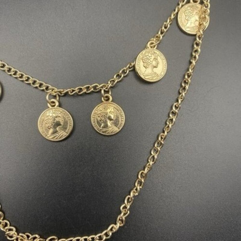 Two Layer Coin Charm Necklace Gold Tone 16/20" Curb Chain 1/2" Elizabeth II Aus - Picture 3 of 9